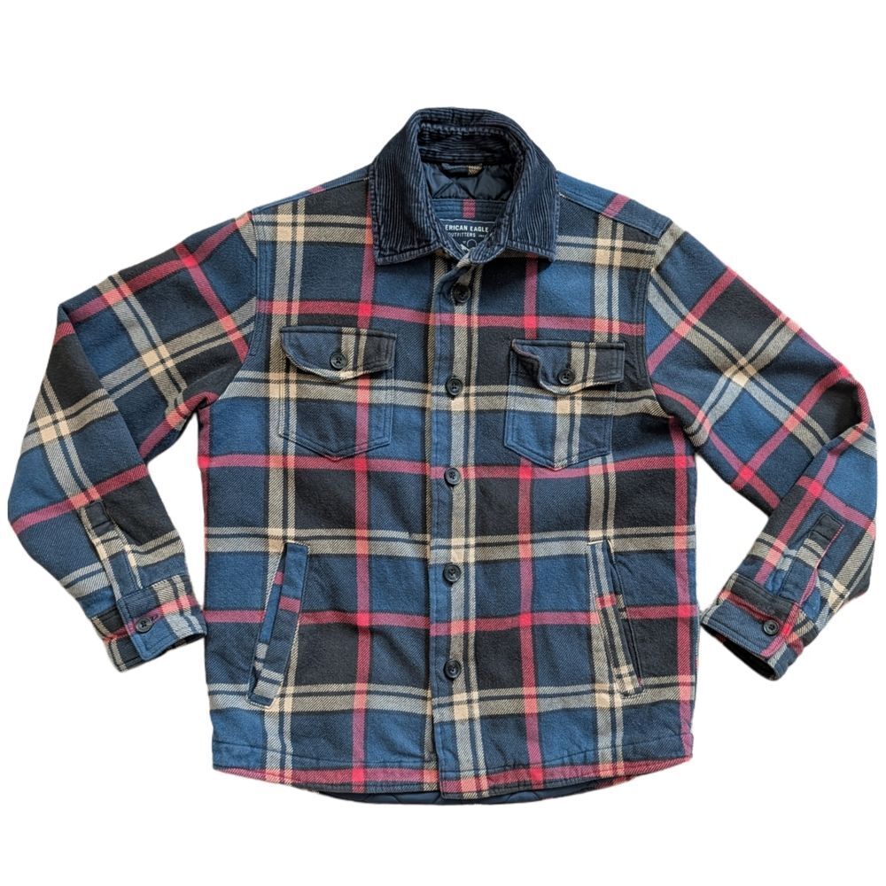 American Eagle Mens Vintage Navy Plaid Quilted Button Up Flannel Jacket Medium